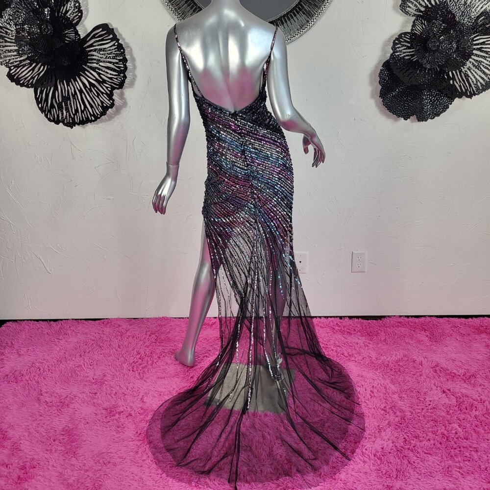 NWT~$990~JOVANI~SZ 2~BLACK PINK BEADED SEQUIN SLIT PROM EVENING GOWN DRESS - Picture 9 of 16